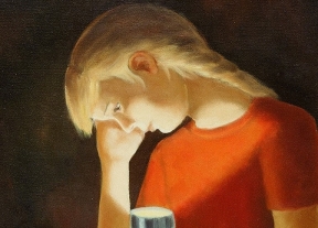 1989, Jeu de lumière (Petite fille à la lampe de poche) huile sur toile 16''x20''