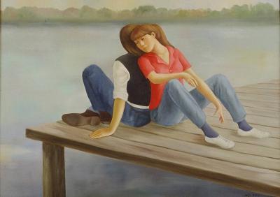 1982, Amoureux sur le quai, huile sur toile 42''x32''