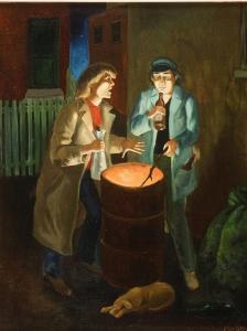 1989, Feu dans la poubelle, huile sur toile 24''x30''