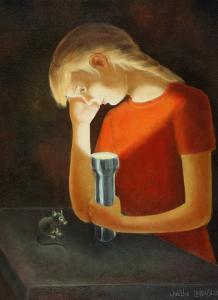 1989, Jeu de lumière (Petite fille à la lampe de poche) huile sur toile 16''x20''