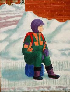 1991, Benoit attendant l'autobus, huile sur toile 24''x30''