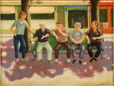 1991, Discussion sur un banc, huile sur toile 30''x24''